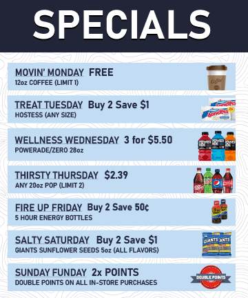 Daily Specials 2025 Rahn's propane daily specials on coffee, snacks, drinks, and more.