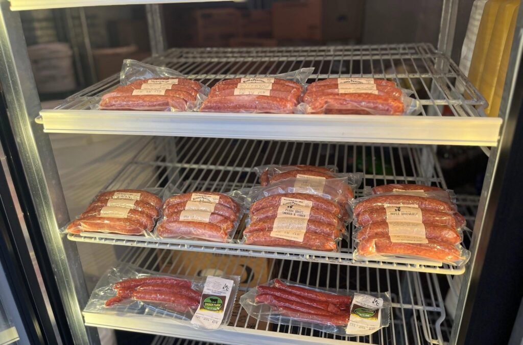 Klinder Meats brats and meat sticks in fridge